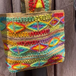 Vintage Handcrafted Burlap Tote Bag | Yarn Embroidered Rainbow